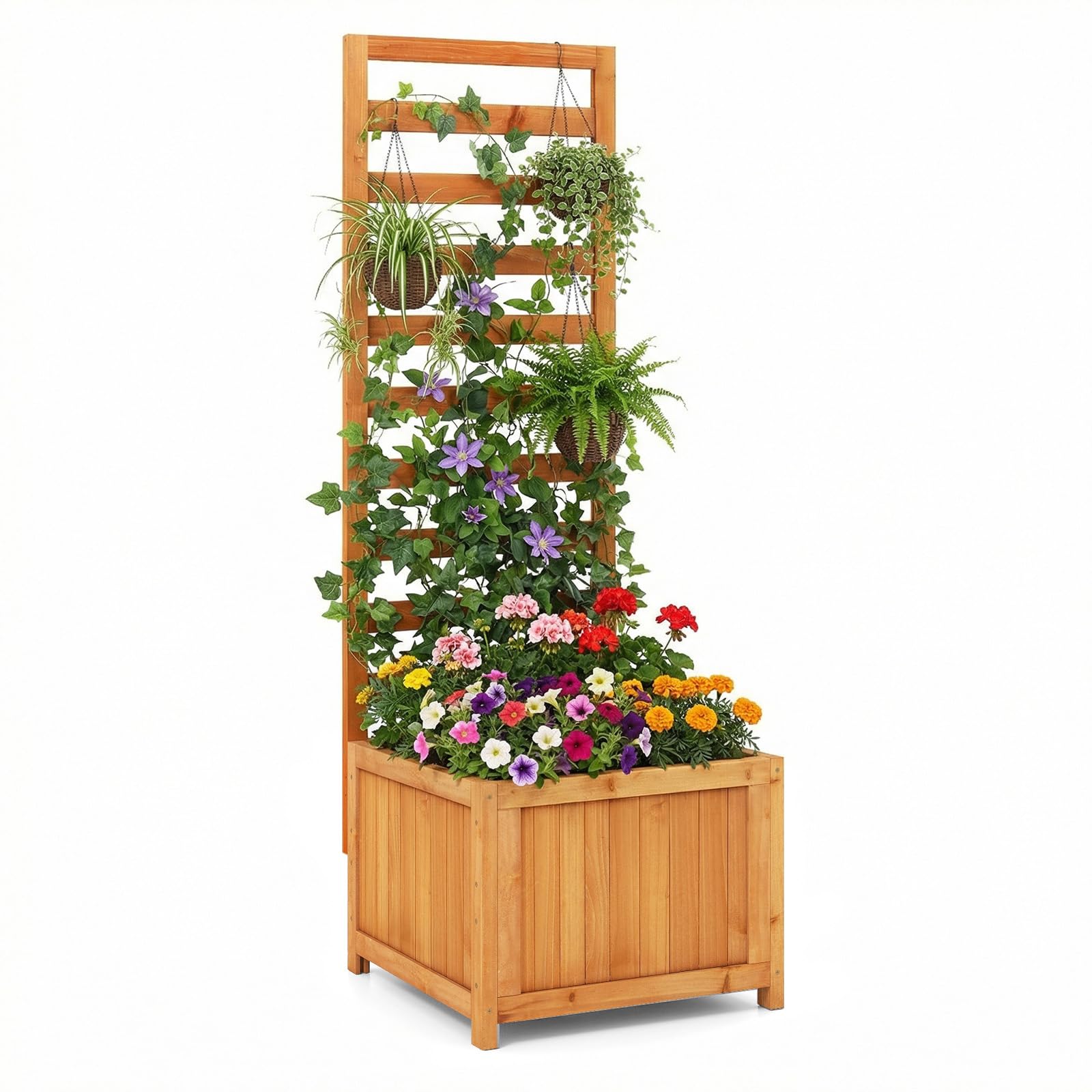 COSTWAY Raised Garden Bed with Trellis, Wooden Planter with Drainage Holes & Removable Bottom Panels, Outdoor Vertical Trough Planter Box for Climbing Plants Vines Flowers (Orange, Rectangle)