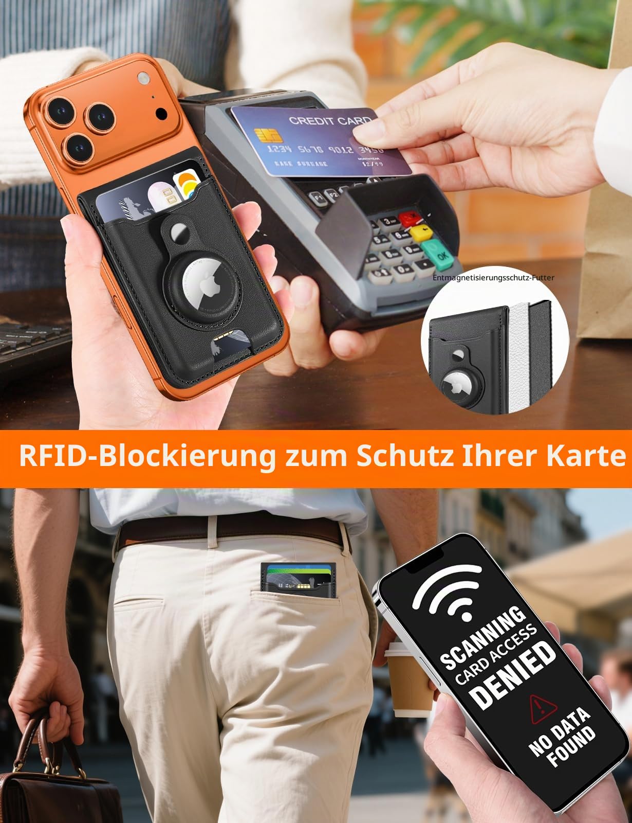Stärkster Mag-Safe Wallet Stand mit Airtag-Halterung für iPhone 16/15/14/13/12 Serie, RFID-Leder, Ausweisfenster, magnetisch, 6 Kartenhalter, Schwarz