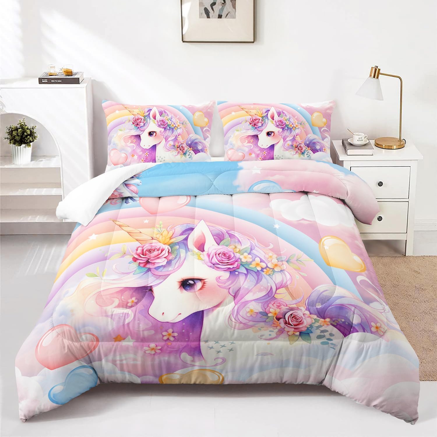 Kawaii Rainbow Unicorn Comforter Set King for Girls Kids,Cute Cartoon Unicorn 3 Pieces Bedding Sets for Girls Room Decor,Kawaii Down Alternative Comforter Set for All Season