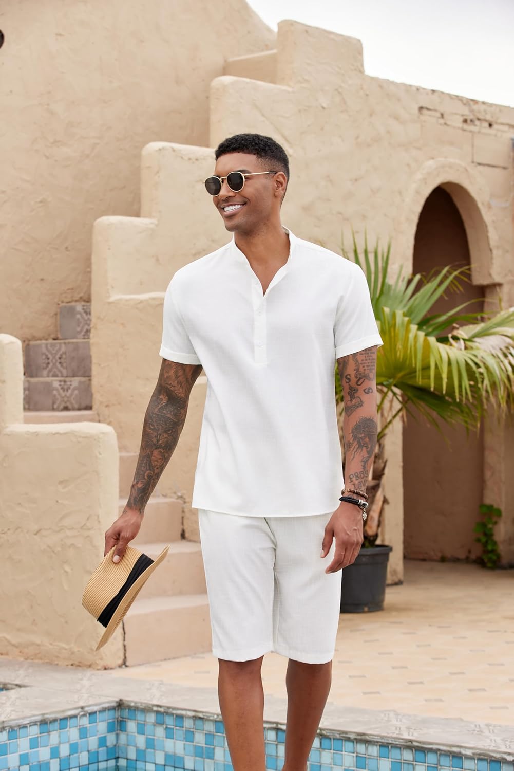 COOFANDY Men's 2 Pieces Set Short Sleeve Henley Shirts and Shorts Pants Texture Summer Beach Vacation Outfits White XX-Large image 2 of 6 B0DJ92RNCG