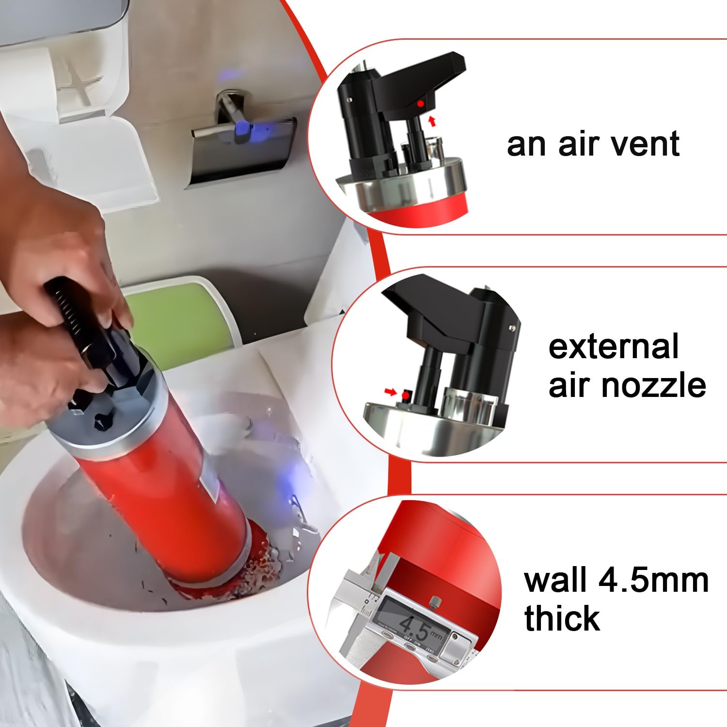 Pistone per WC ad alta pressione con teste sostituibili, sbloccatore di scarico della pompa ad aria resistente, con manometro per WC, lavandino, vasca da bagno