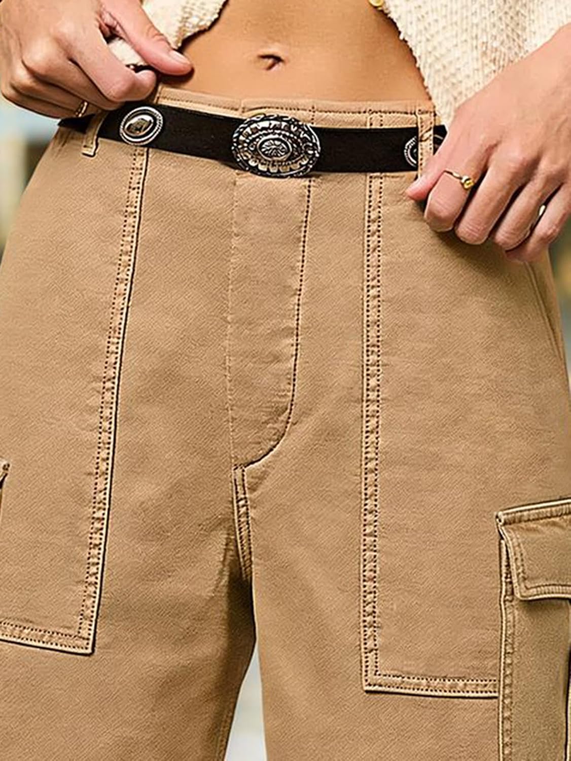 Flamingals Straight Leg Mid Thigh Shorts for Women Mid Rise Solid Flap Pocket Casual Denim Shorts