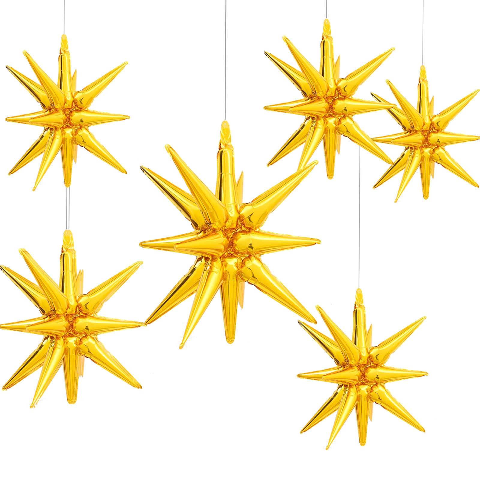 GBQQHS Starburst Balloon One-Piece 14-pointed Star Explosion Balloons with Ribbon starburst balloon foil Balloons Wedding Birthday Party Photo Booth Decoration Supplies 6pcs (22 inch) (gold)