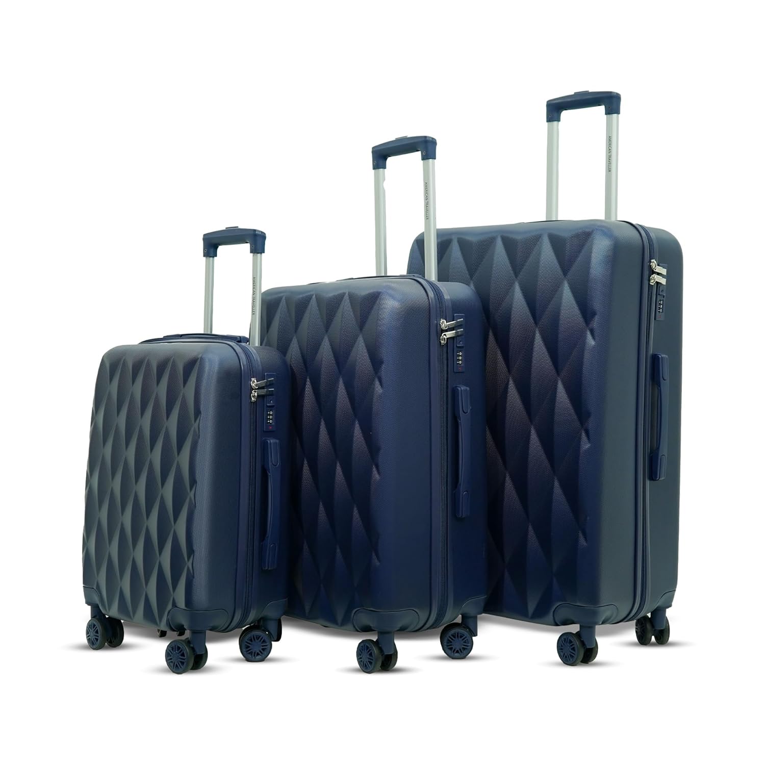 AMERICAN TRAVELLER TourisDiamon ABS Hard Shell Trolley Bag Set of 3 Pcs |Durable Suitcase Luggage with Easy Repair Option |8 Dual Swiveling Wheels & Telescopic Handle for Traveling(3, Navy Blue)