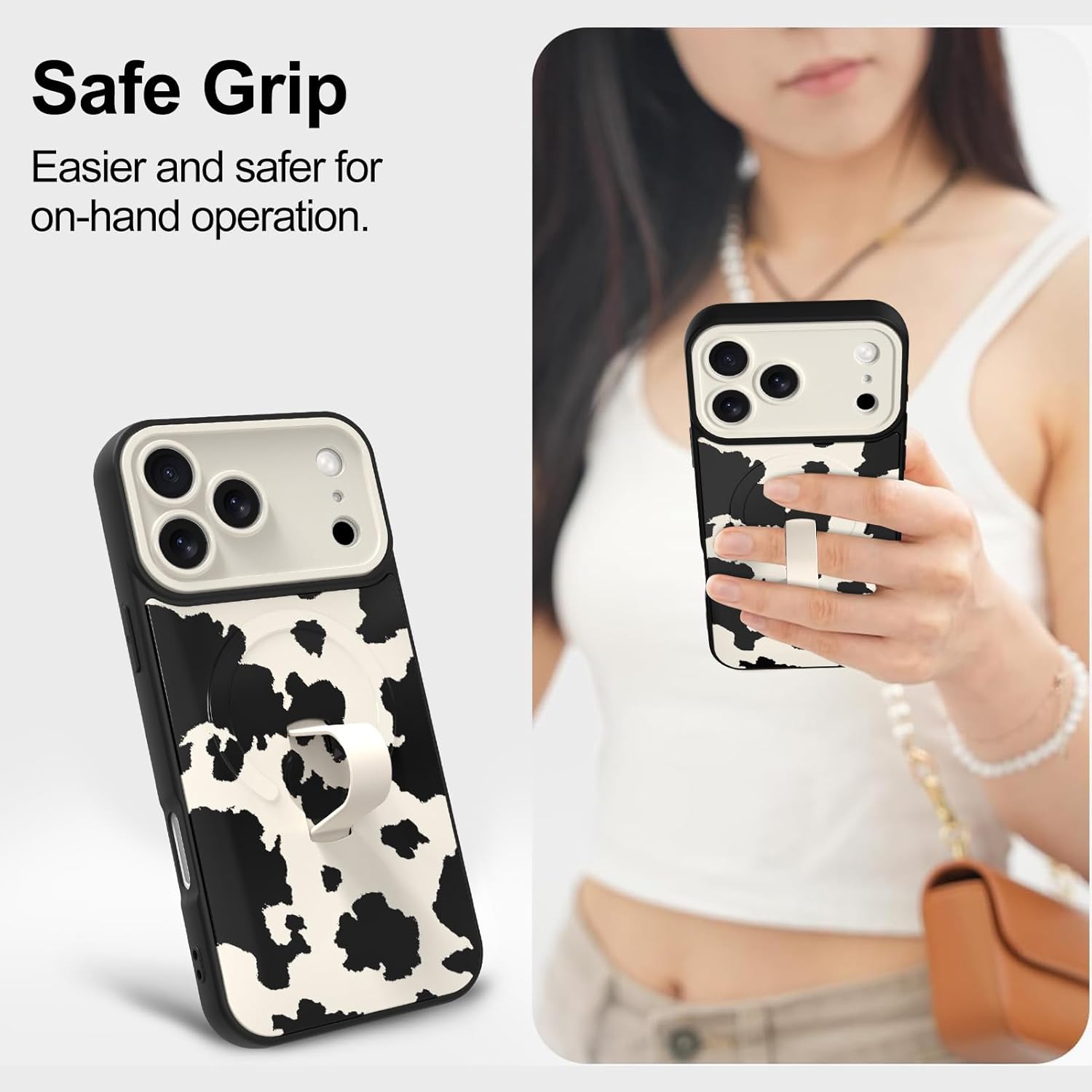 Magnetic for iPhone 17 Pro Max Case with Finger Strap Stand, Compatible with Magsafe, Trendy Funny Milk Cow Phone Case for Women Men Slim Shockproof Cover for 17 Pro Max, Milk Cow