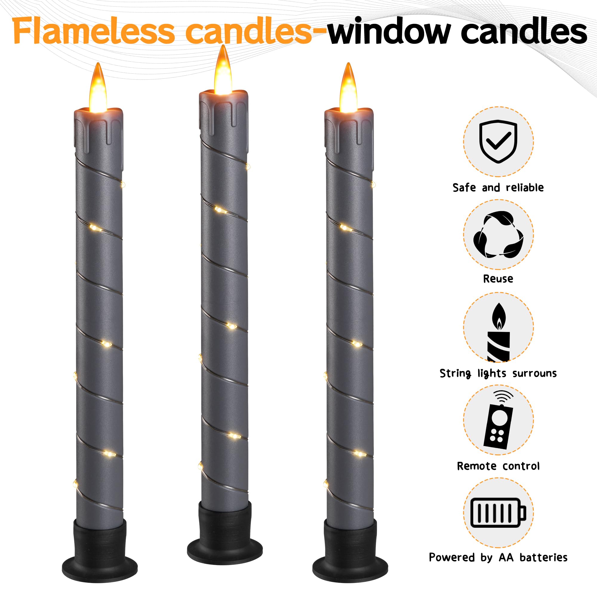 Da by 3 candele tremolanti senza fiamma, a batteria, candele da finestra con telecomando e LED 3D dinamico 3D, fiamma dinamica, 24 cm, per matrimoni, feste, decorazione della casa, colore grigio