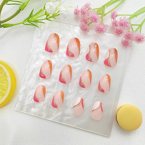 Miniatura 5 de Uñas postizas cortas de almendra a presión con diseños de remolinos de purpurina, uñas francesas a presión, uñas adhesivas brillantes de cobertura