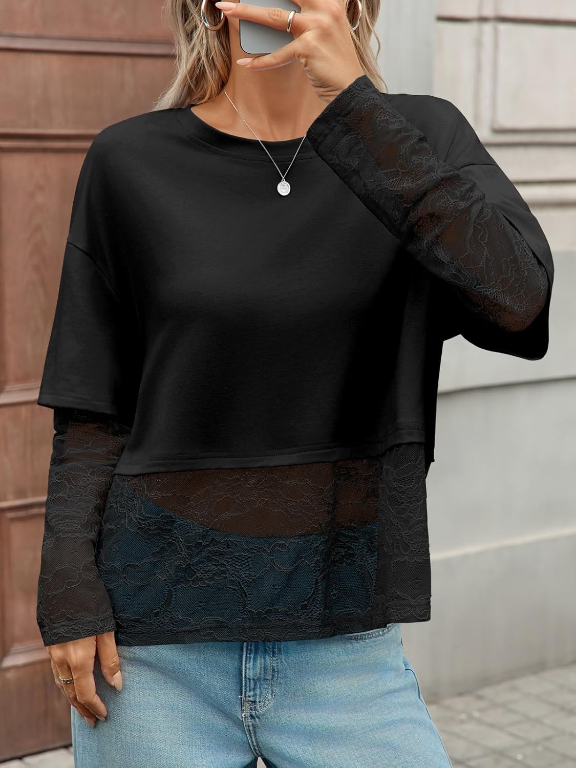 Tankaneo Womens Lace Long Sleeve Crop Top 2025 Crewneck Mesh T Shirts Casual Trendy Tops - Image 3