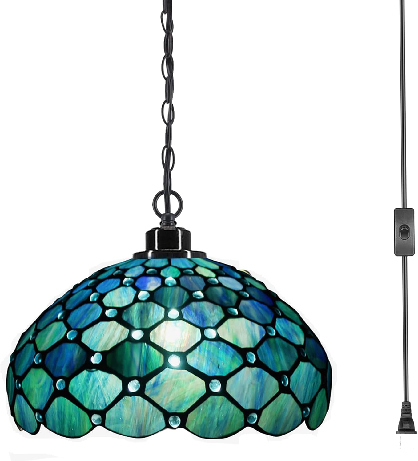 tiffany pendant light plug in stained glass swag lamp 12x12x181 inch hanging lamp (sea blue pearl for dining room living room
