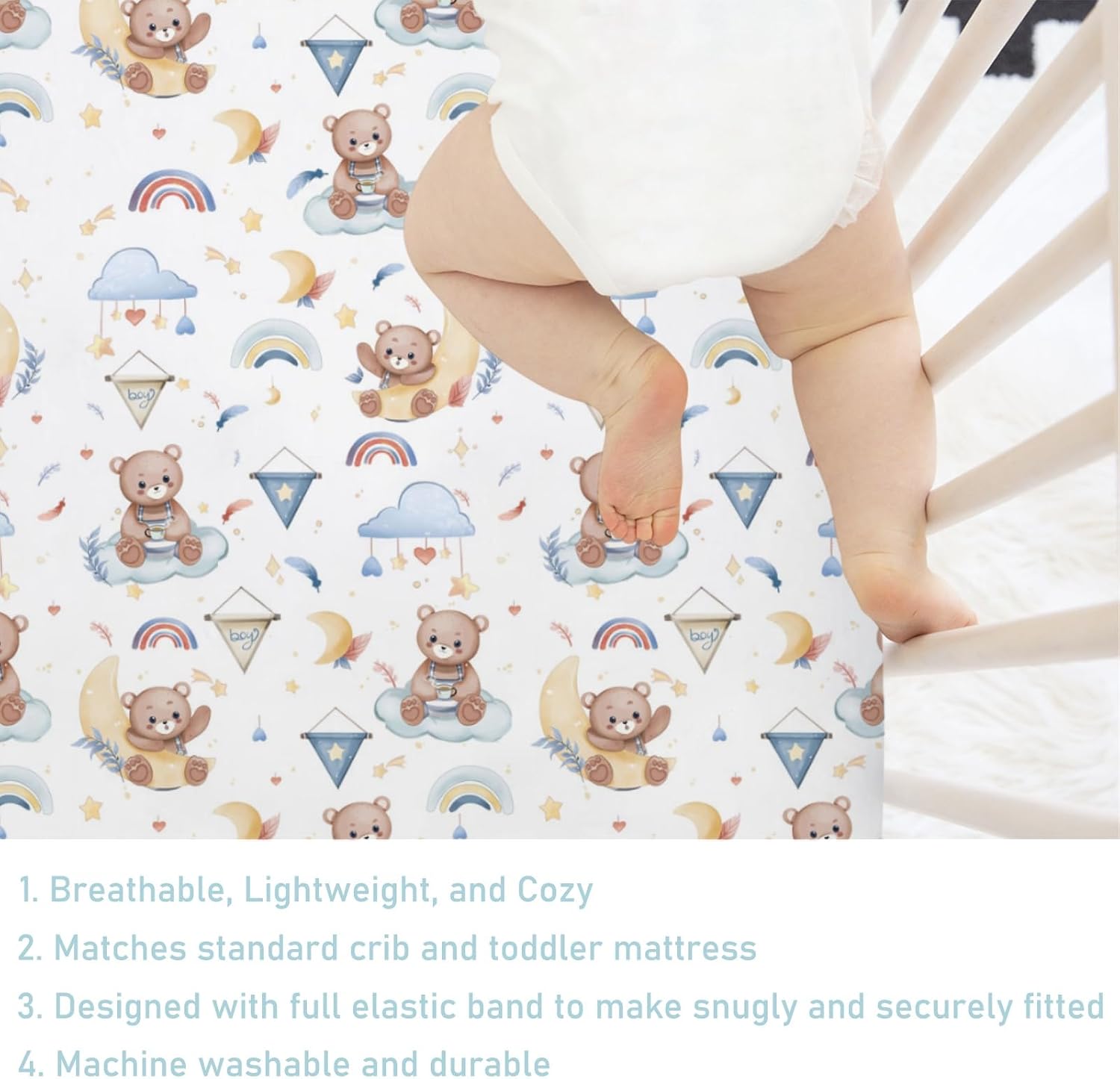 Cartoon Cute Bear Baby Crib Mattress Sheet 52''x28'' Bear Rainbow Moon Stars Clouds Leaf Snug Fitted Crib Mattress Cover for Boy Girl Soft Nursery Standard Crib Toddler Mattress Pad Cover Blue