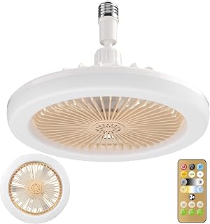 Enclosed Ceiling Fan with Light and Remote Small 10-inch E27 Bladeless Ceiling Fans Dimmable LED Lights 3 Gear Wind Speeds Family Summer Gift for Garage Tool Room and Store Room(Yellow)