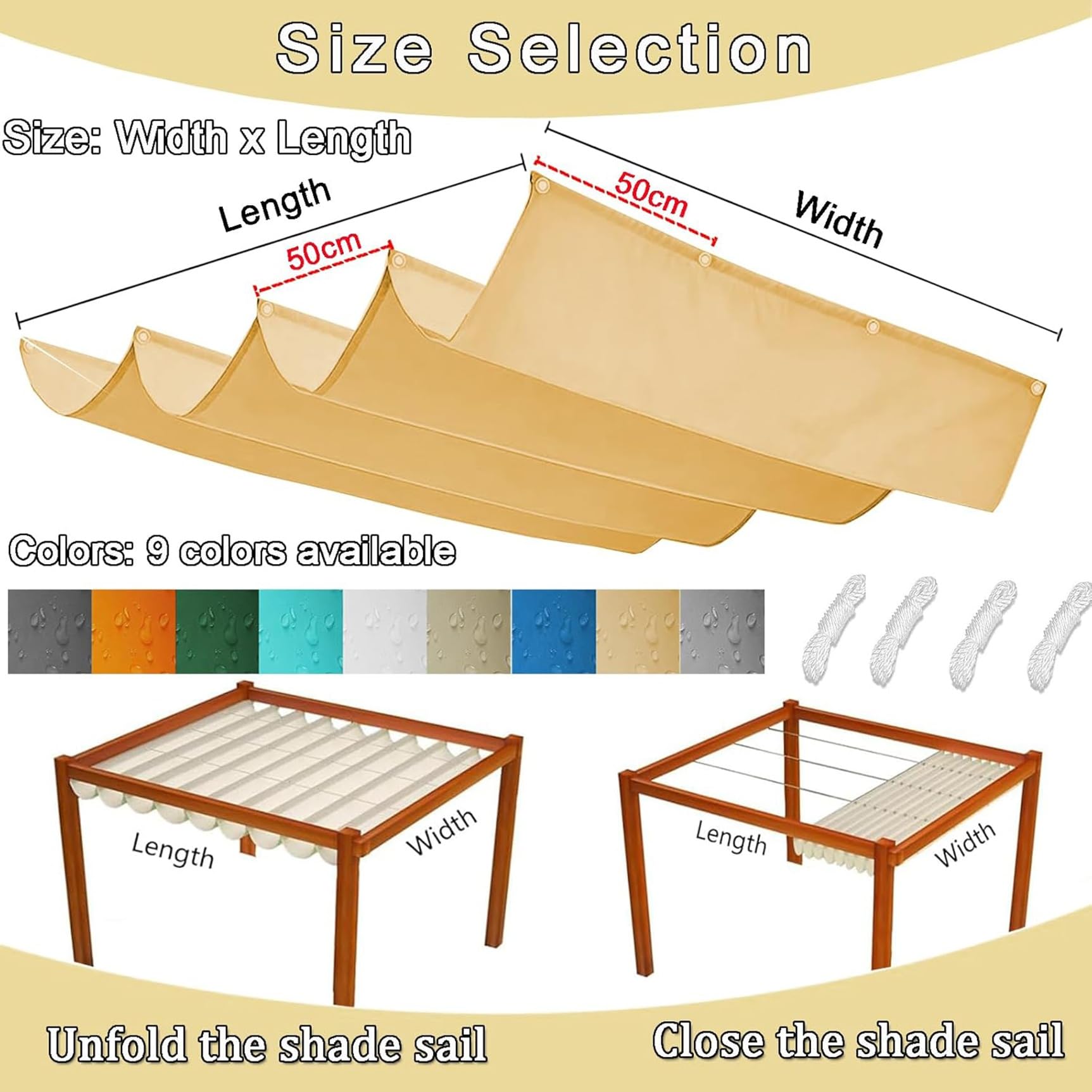 Verstellbare Pergola Markise 220 x 240 cm Wasserdicht Rechteckig, UV Schutz 98%, Markise Reißfest Wetterfest, Wetterfest - Sonnenschutz Wasserdicht Schattenabdeckung für Terrasse Pergola, Sandgelb