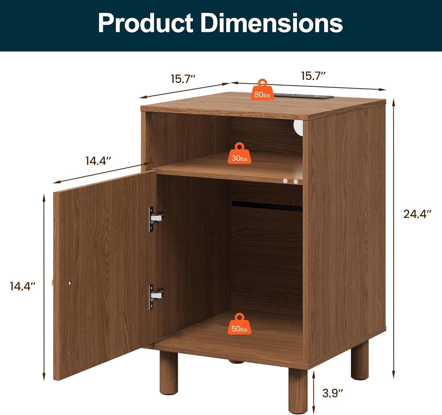 RoyalCraft Nightstand with Door, Modern Side Table with Charging Station, Accent End Table with Solid Wood Legs, Bedside Table for Bedroom, Entryway, Brown