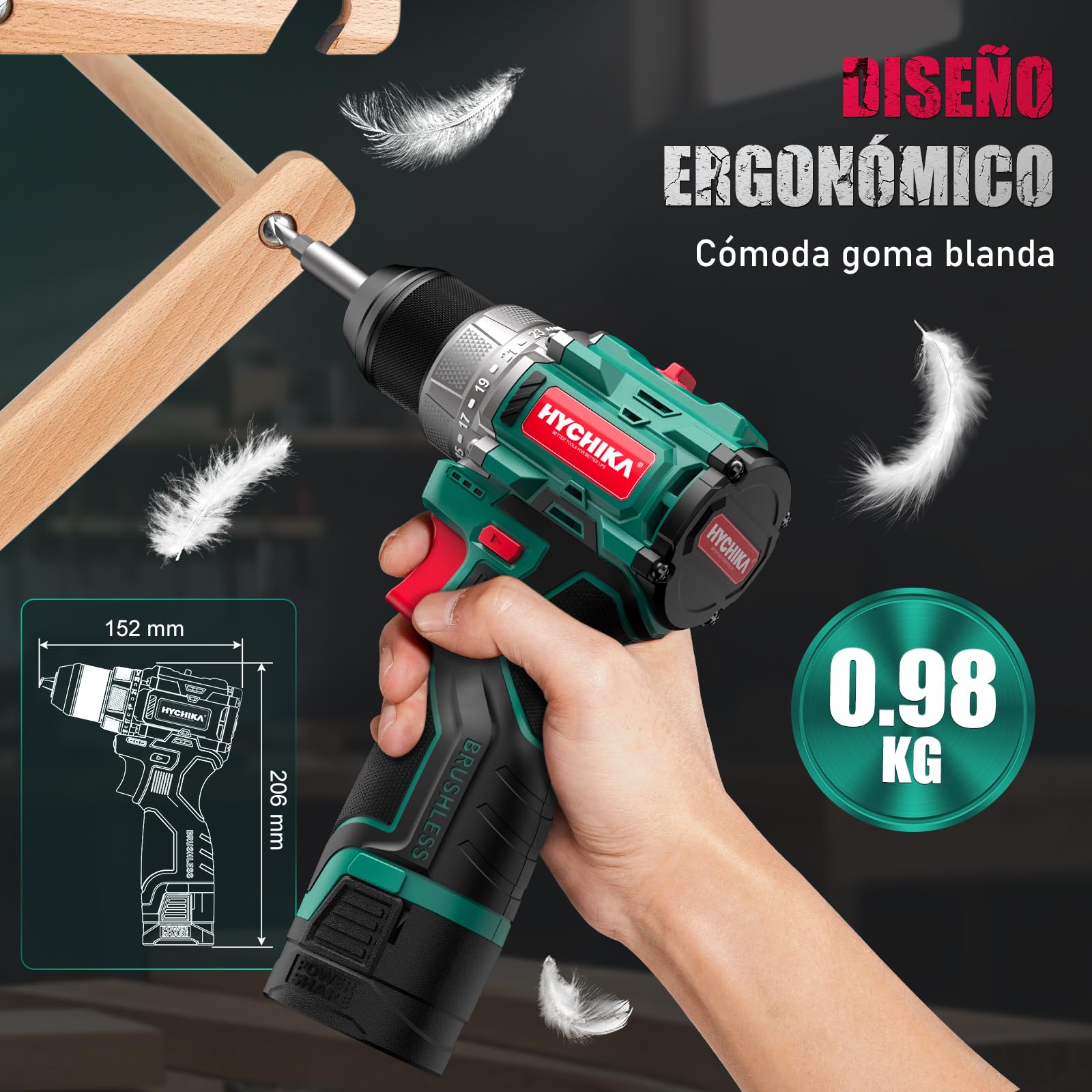 HYCHIKA Taladro atornillador batería, motor sin escobillas, 45Nm Máx, con 23+1 de par de giro, 2 velocidades, 1500mAh 53 accesorios Adecuado para atornillar, taladrar en madera, plástico, metal