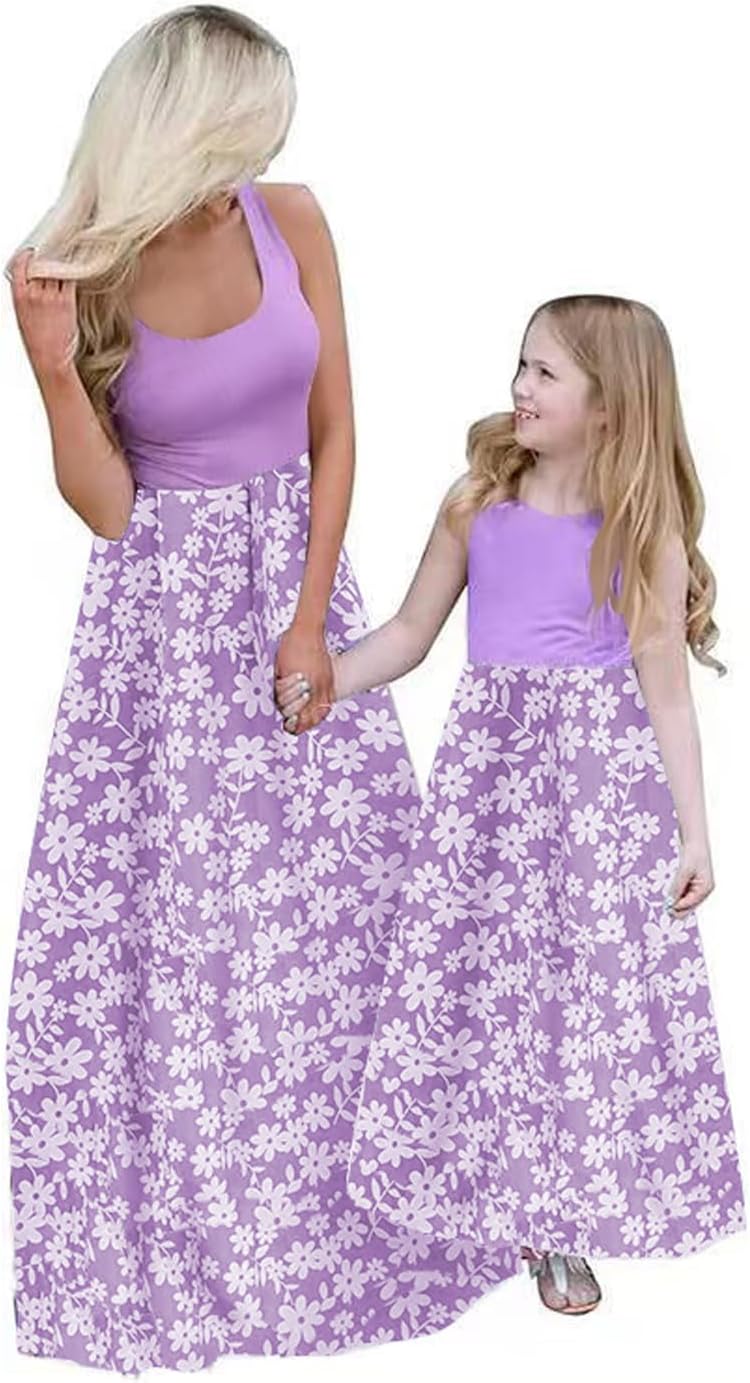 Mommy and Me Family Outfits,Sleeveless Casual Floral Dress with Pockets for Motner's Day