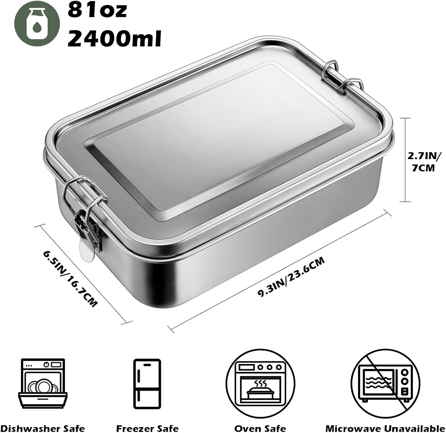 Leonyo 2 Pack 81oz 18/10 Stainless Steel Lunch Box for Adults, 2400ml Metal Bento Box with Divider, Leak-Proof Lunch Food Containers for Woman Man, Dishwasher Safe, Oven Safe Except for Lid