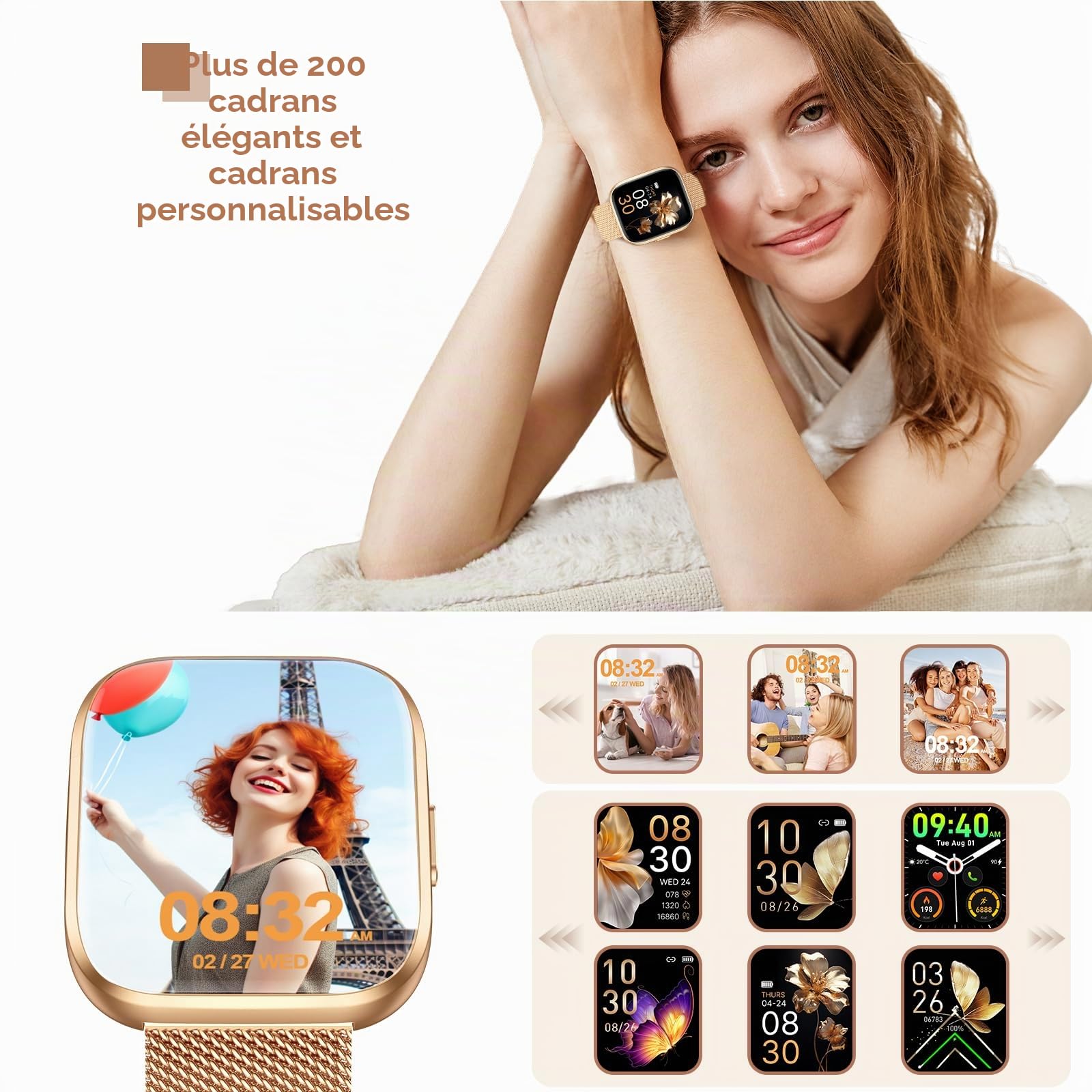 Montre Connectée Femme, 1.91" HD Smartwatch Fonction Féminine avec Appel Bluetooth 5.4, 120+ Modes Sportifs, 200+ Cadrans personnalisés, 24H Moniteur Sommeil/FC/SpO2, Android iOS, Or Rose