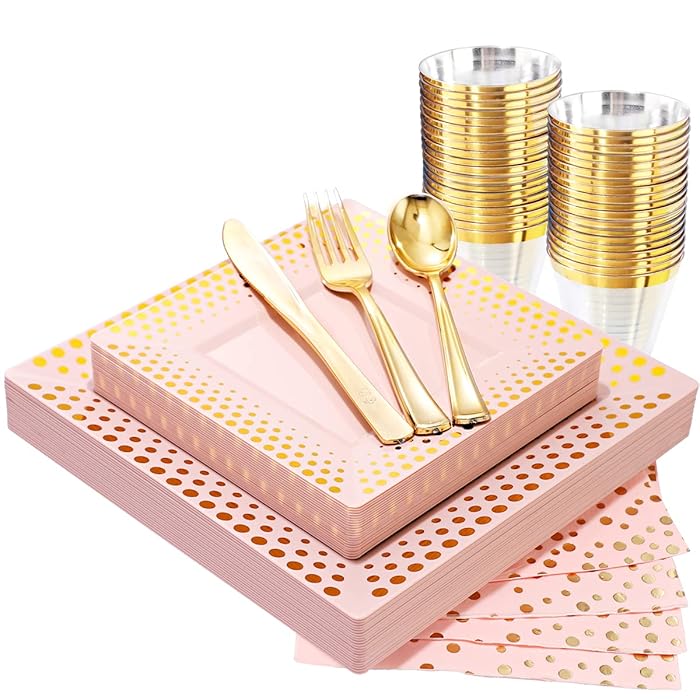 Buy KIRE 25Guests Pink Plastic Plates with Gold Dot & Gold Disposable
