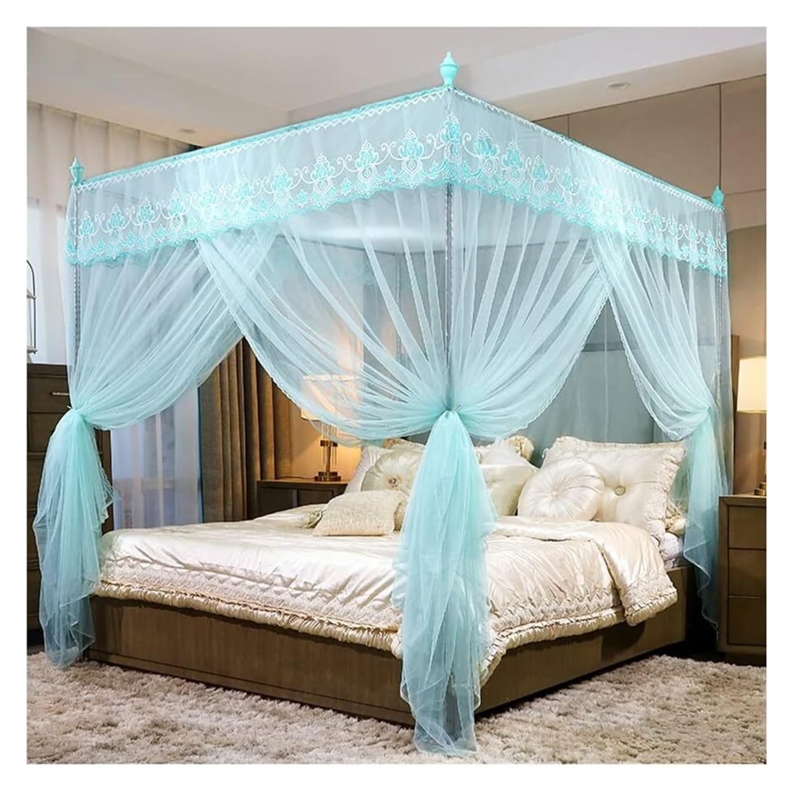 LGTDF35 DETPWVWB 4 Corner Post Bed Canopy Mosquito Net - Romantic Lace Embroidered Bed Curtain for Princess Room Decor(Pink,150X200cm/59X79in)(Blue,180X220cm/71X87in)