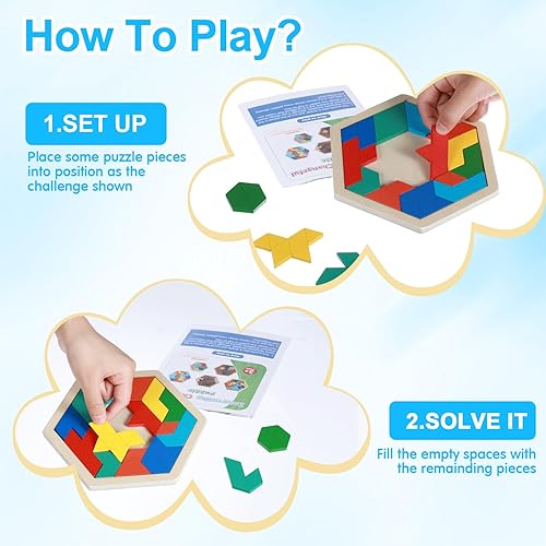 Miniatura 6 de Liliful Paquete de 10 bloques hexagonales de madera Tangram rompecabezas para niños, rompecabezas de forma de rompecabezas con patrón de bloques