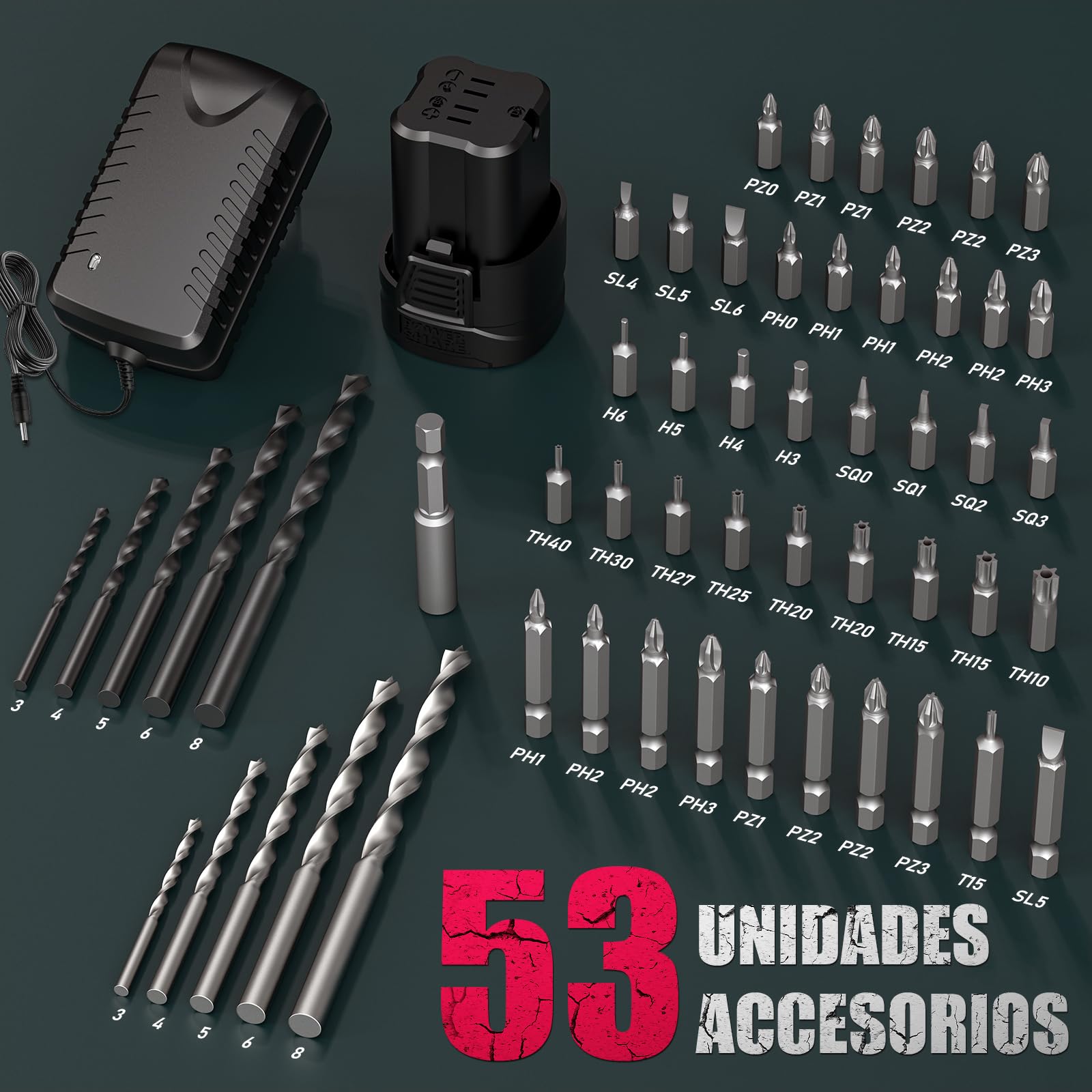 HYCHIKA Taladro atornillador batería, motor sin escobillas, 45Nm Máx, con 23+1 de par de giro, 2 velocidades, 1500mAh 53 accesorios Adecuado para atornillar, taladrar en madera, plástico, metal