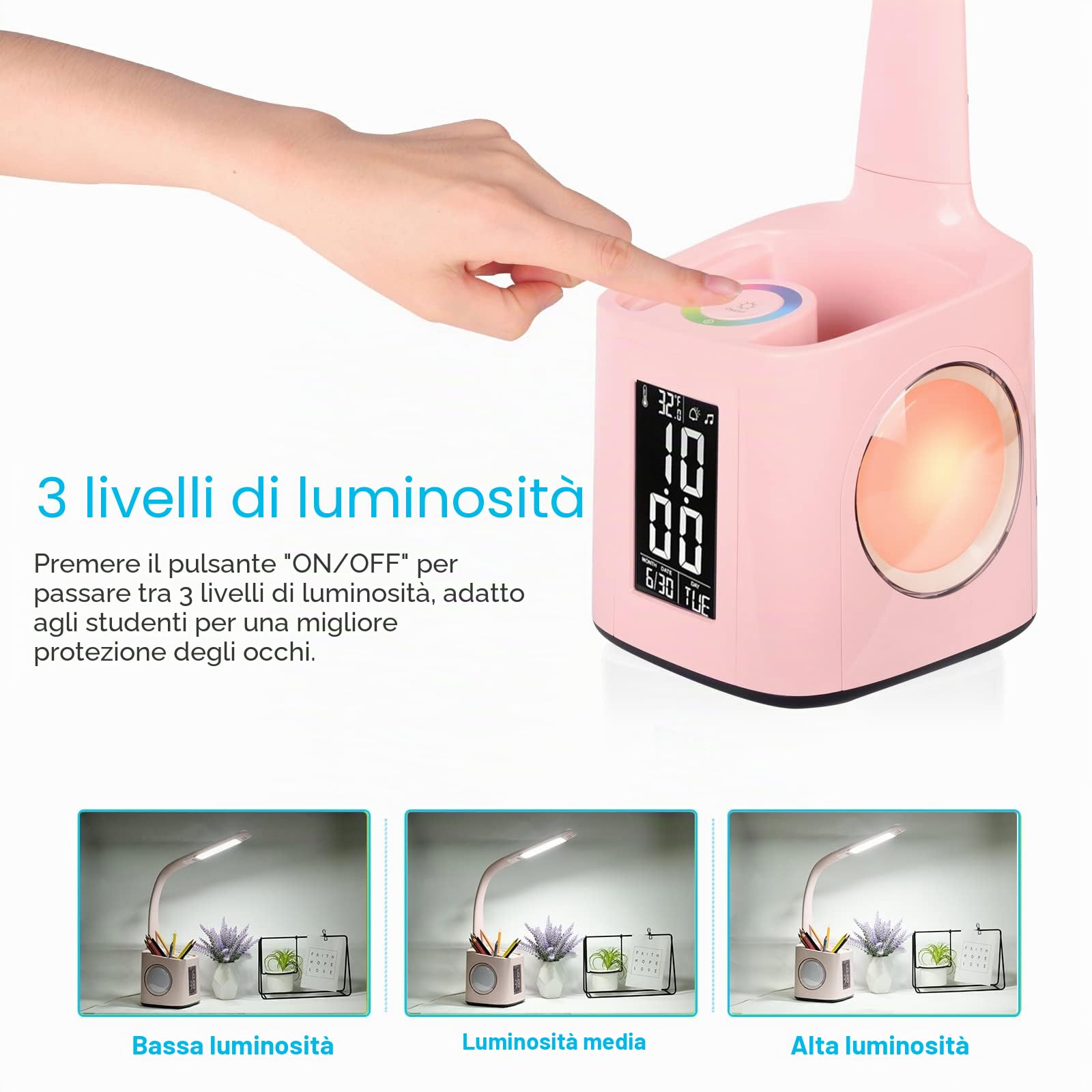 Lampada da scrivania a LED, lampada da scrivania per bambini con orologio, sveglia, calendario, termometro, RGB e portapenna, luce regolabile per proteggere gli occhi, lampada da scrivania per bambini