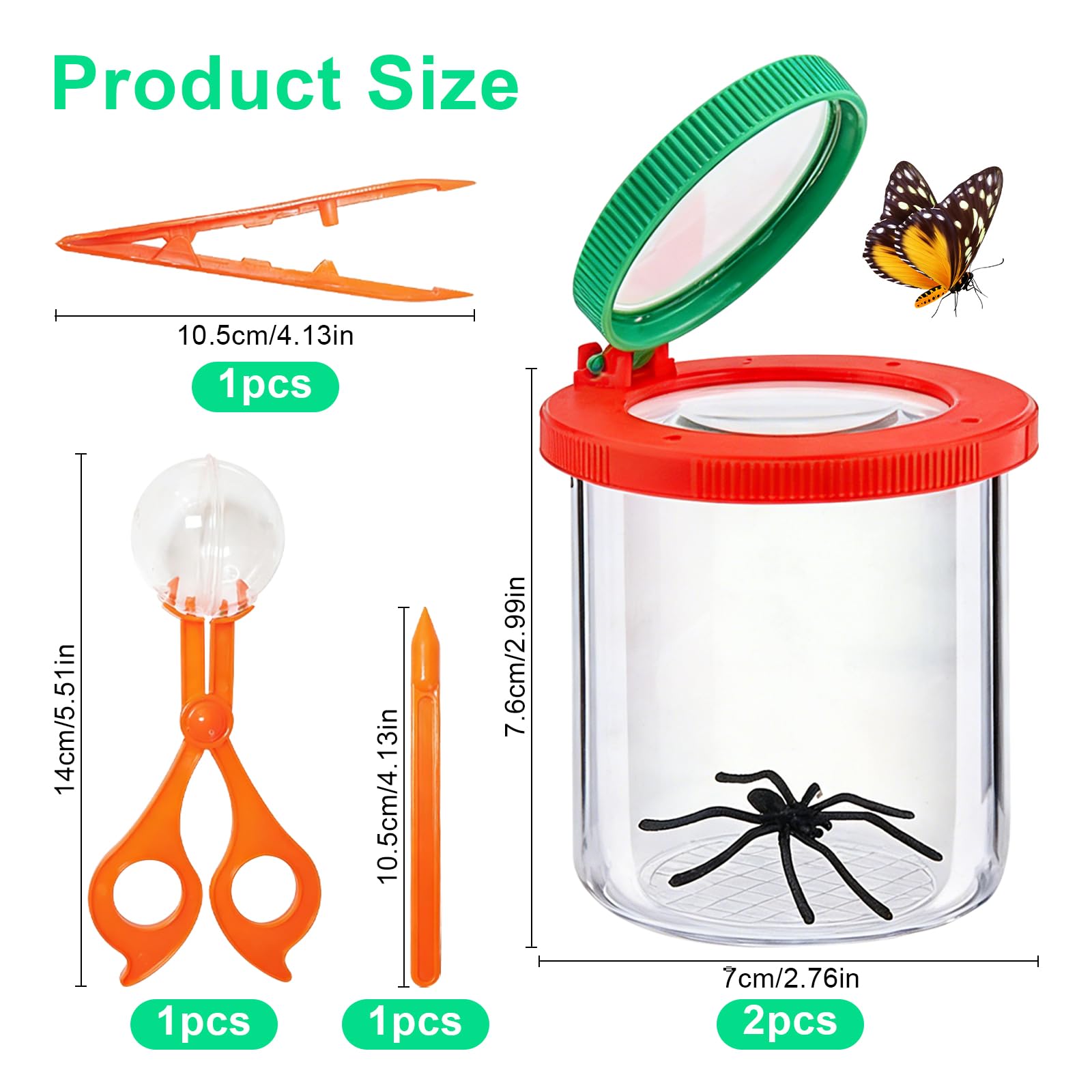 Becherlupen für Kinder,2 Stück Insektenfänger,Becherlupen für Kinder Lupenbecher Insektenfänger,mit Schmetterlingsfangnetz,Pinzette,Kleinkindspielzeug für Outdoor Wissenschaft Natur Erkundung