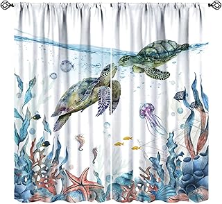 Sea Turtles Blackout Curtains, Beach Nautical Ocean Seashell Seahorse Fish Starfish Jellyfish Window Treatments for Bedroom Kitchen Nursery, Conch Compass Beachy Coastal Drapes 2 Panel 42x45 Inch - Buy now