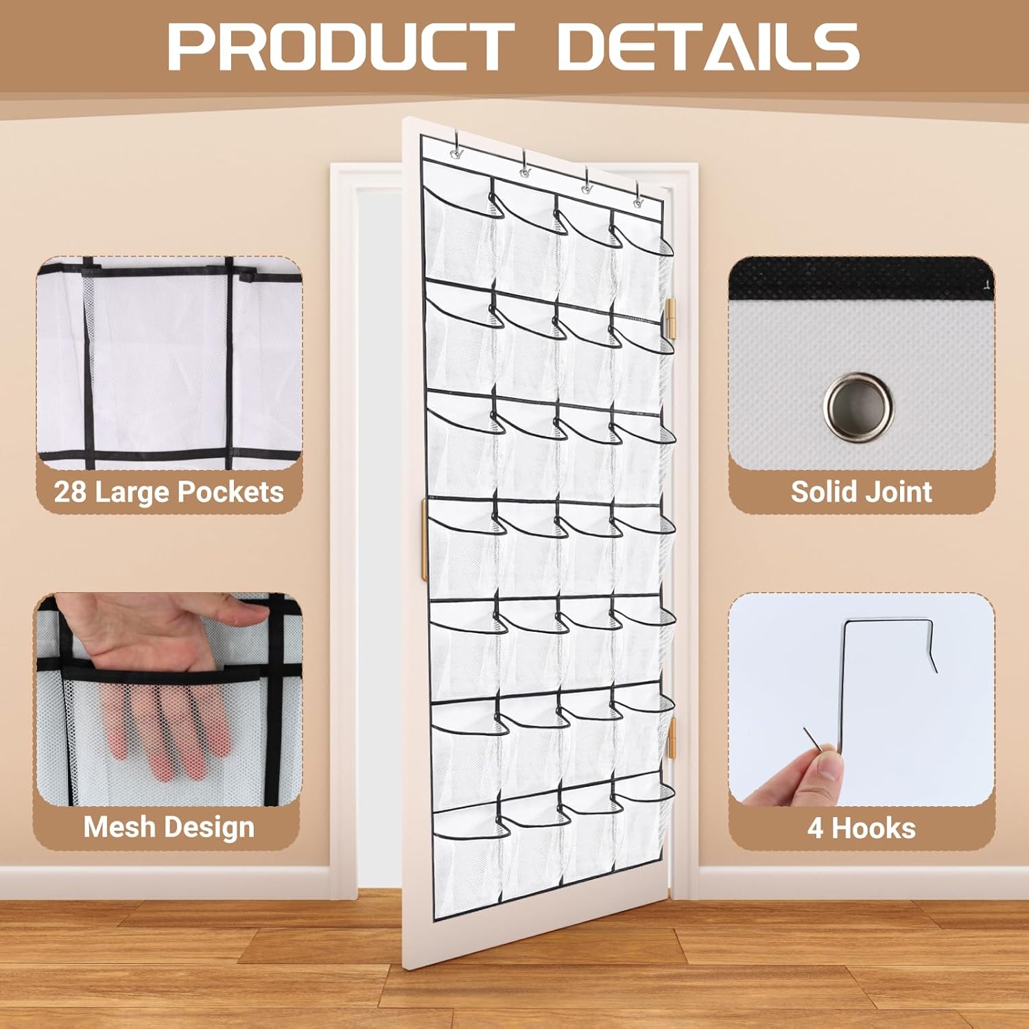 Over the Door Shoe Organisers, Hanging Shoe Storage Organiser, White Hanging Shoe Rack, Over the Door Storage with 4 Hooks, Door Organiser, Hanging Organiser for Doors, Bathrooms, Children's Room
