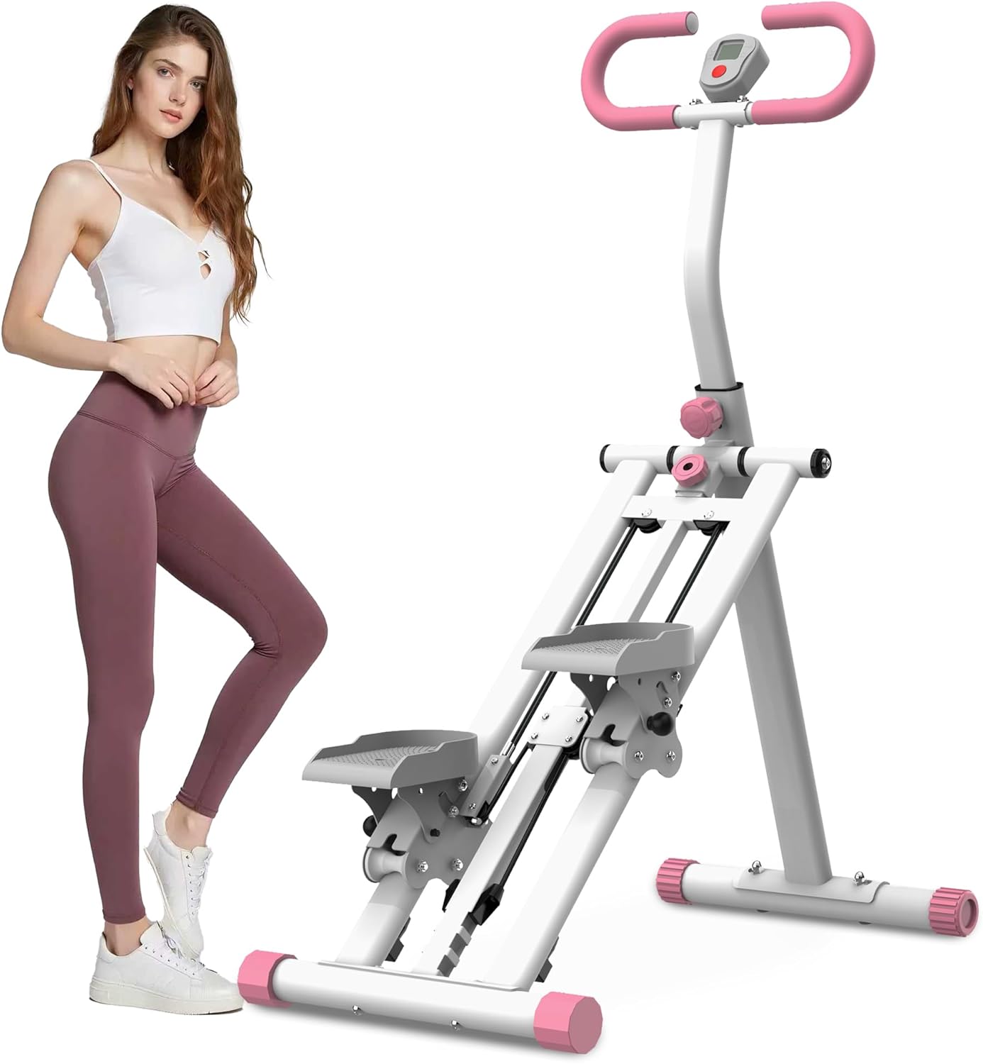 Vertical Climber Workout Machine with Resistance, Foldable Stair Stepper for Full Body Exercise, Home Gym Fitness Equipment with Adjustable Handlebar and Display, Pink