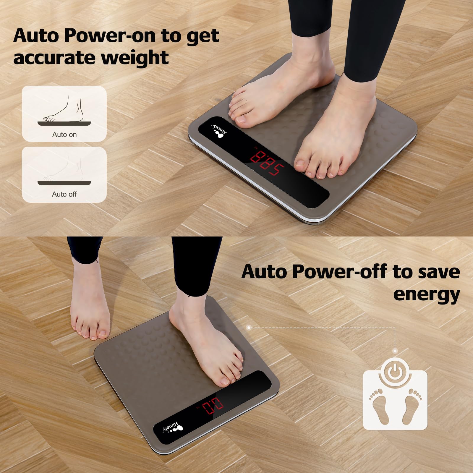 himaly Bilancia pesapersone digitale per bagno, tecnologia Step-On, misura ad alta precisione con grande piattaforma in silicone antiscivolo e display digitale LCD, capacità 180 kg, marrone