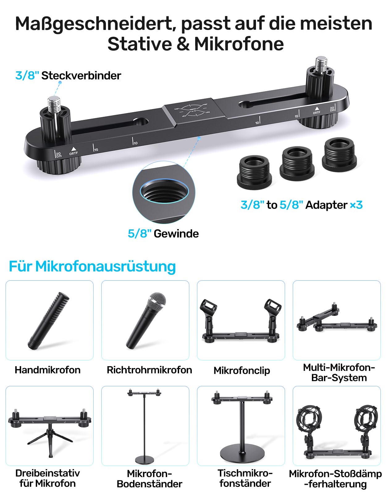 Barre de Couplage Stéréo, Support de Microphone, Positionnement Réglable pour deux Microphones ou Perche, Raccord Fileté 3/8"