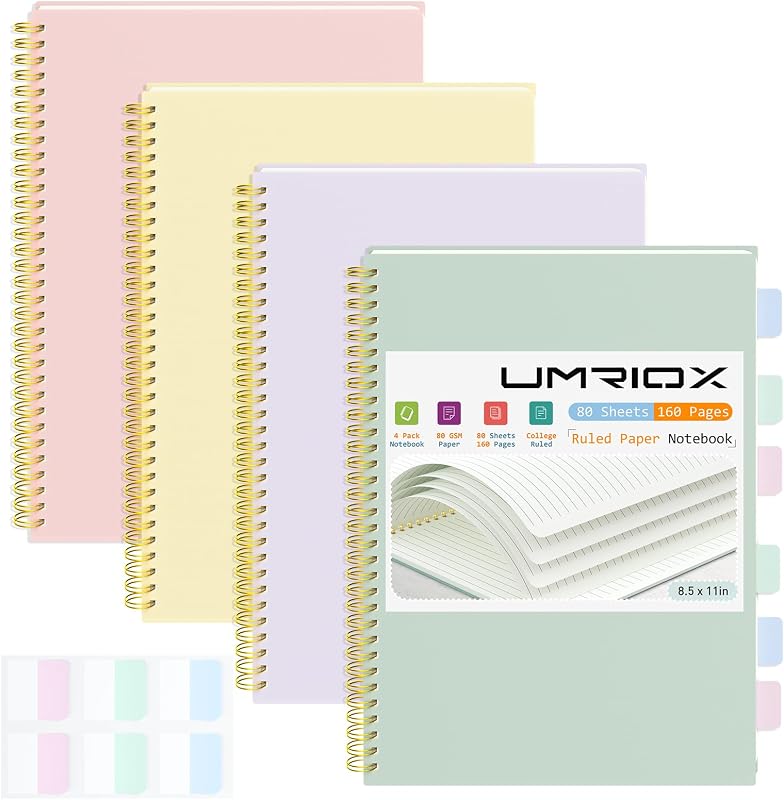 Umriox 4 Pack Lined Spiral Journal Notebook, 160 Pages 8.5" x 11" College Ruled Spiral Notebook with Sticky Tabs, Large Notebook for Work, Travel Journal, School
