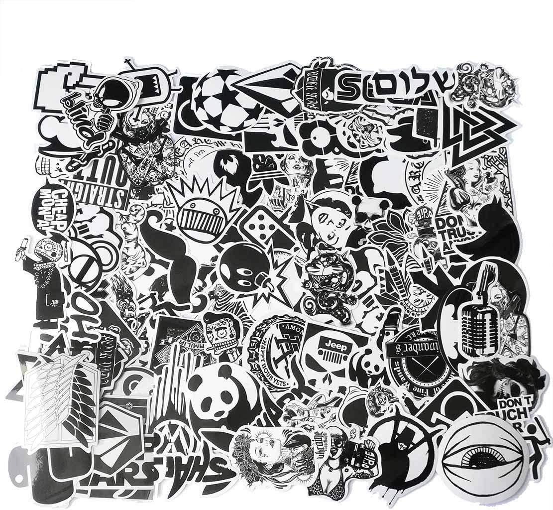 108 PCS Cool Decals Vinyl Black White Stickers for Laptops Skateboards Helmet Cars Luggage Computer Phone Motorcycle Bicycle Kids Children Waterproof Sunlight-Proof DIY Ideals Assorted Laptop Stickers