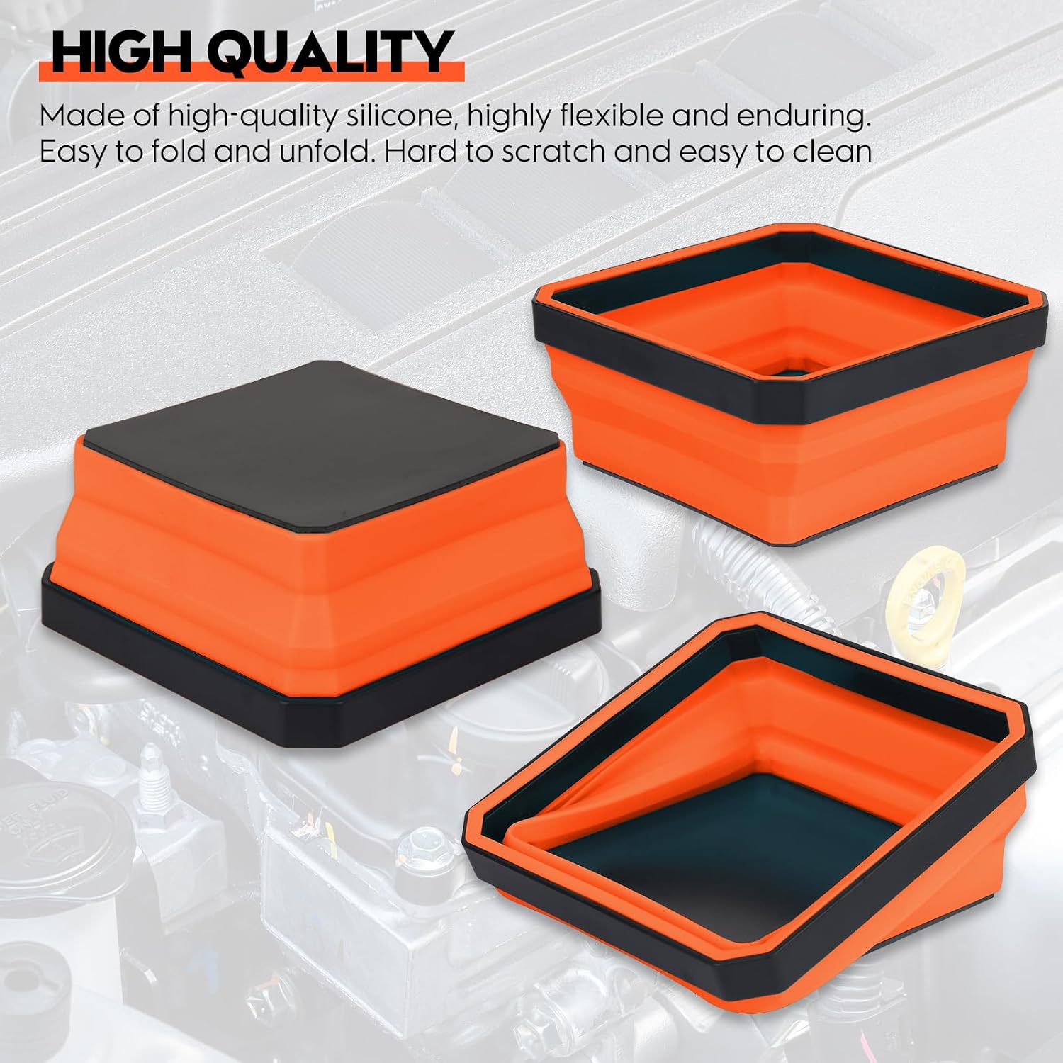 Collapsible Magnetic Parts Tray Set, 4 Pack New Version Magnetic Tool Trays for Screw Bolts Nuts Washers Pins & Small Metal Parts-4.5” Square Silicone Bowls with Double Sided Magnetic Base(Orange)