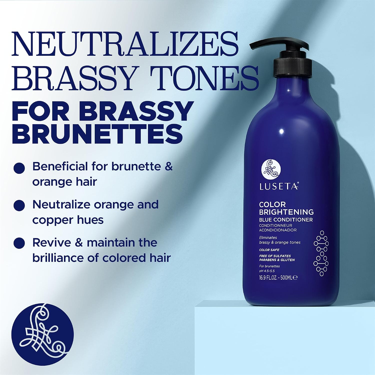 Luseta Blue Conditioner for Brassy and Cool-toned Brunette Color, Color Depositing and Brightening for Treated Hair 16.9oz