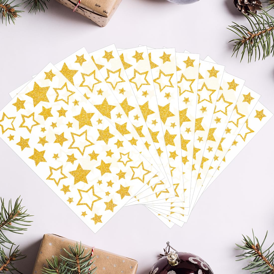 Weihnachts-Sticker Set – 10 Bögen Gold & Silber Glitzersterne Für Geschenke & Dekoration