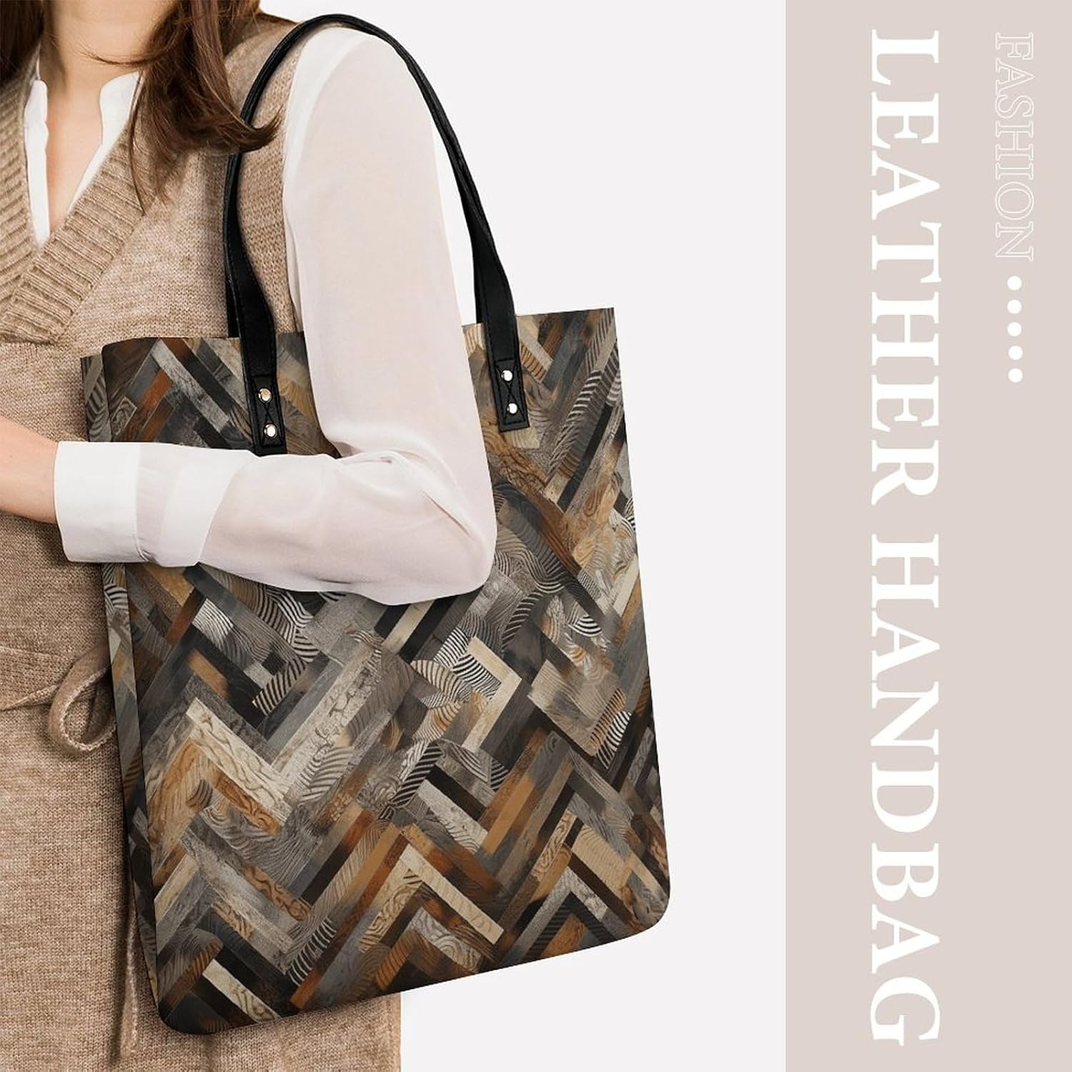 Brown And Gray Shapes Handbags Large Capacity, Tote Bag Stylish Slouchy, Shoulder Bags for Work Beach Travel And Shopping Grocery.