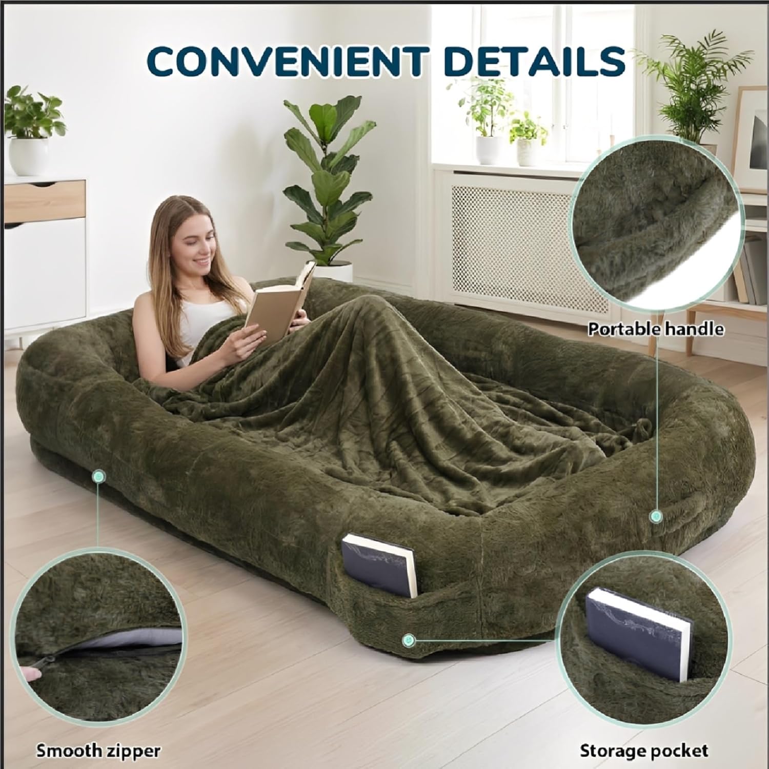 Human Dog Bed for People Large - 71x47x12 Inch Oversized Bean Bag Adult Size Giant Dogs Beds with Blanket, Washable Pet Couch for Sleep Nap Anti-Slip(Green)