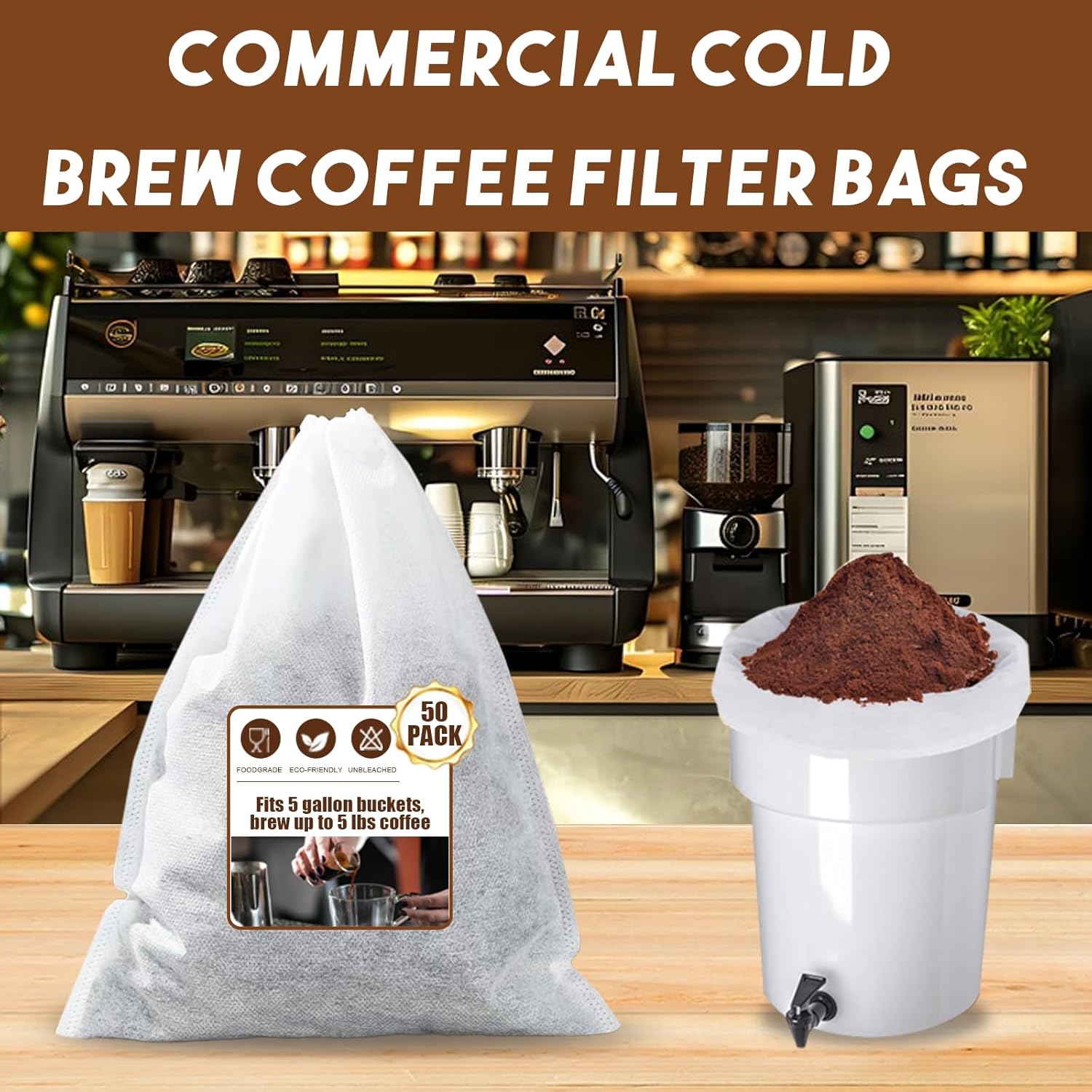 50 Pcs Commercial Cold Brew Coffee Filters for 5 Gallon Buckets & Commercial Cold Brew Coffee Makers, 20" x 20" Disposable Coffee Filters with Drawstring, Brew Up to 5 LBS Coffee, No Tear No Sediment