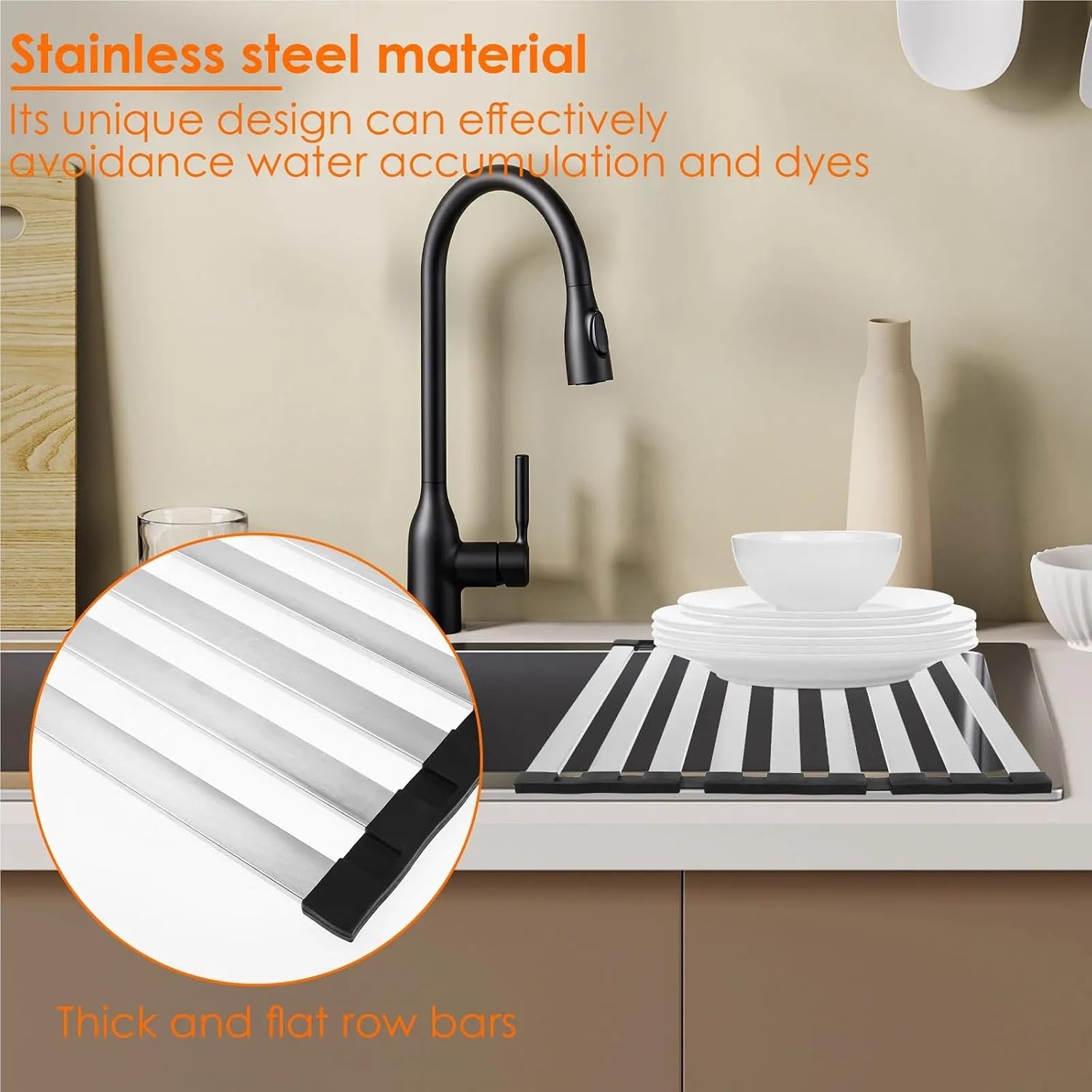 Roll Up Dish Drying Rack Foldable Kitchen Sink Fruit Vegetable Dish Holder Stainless Steel Over Sink Sponge Rag Drying Rack