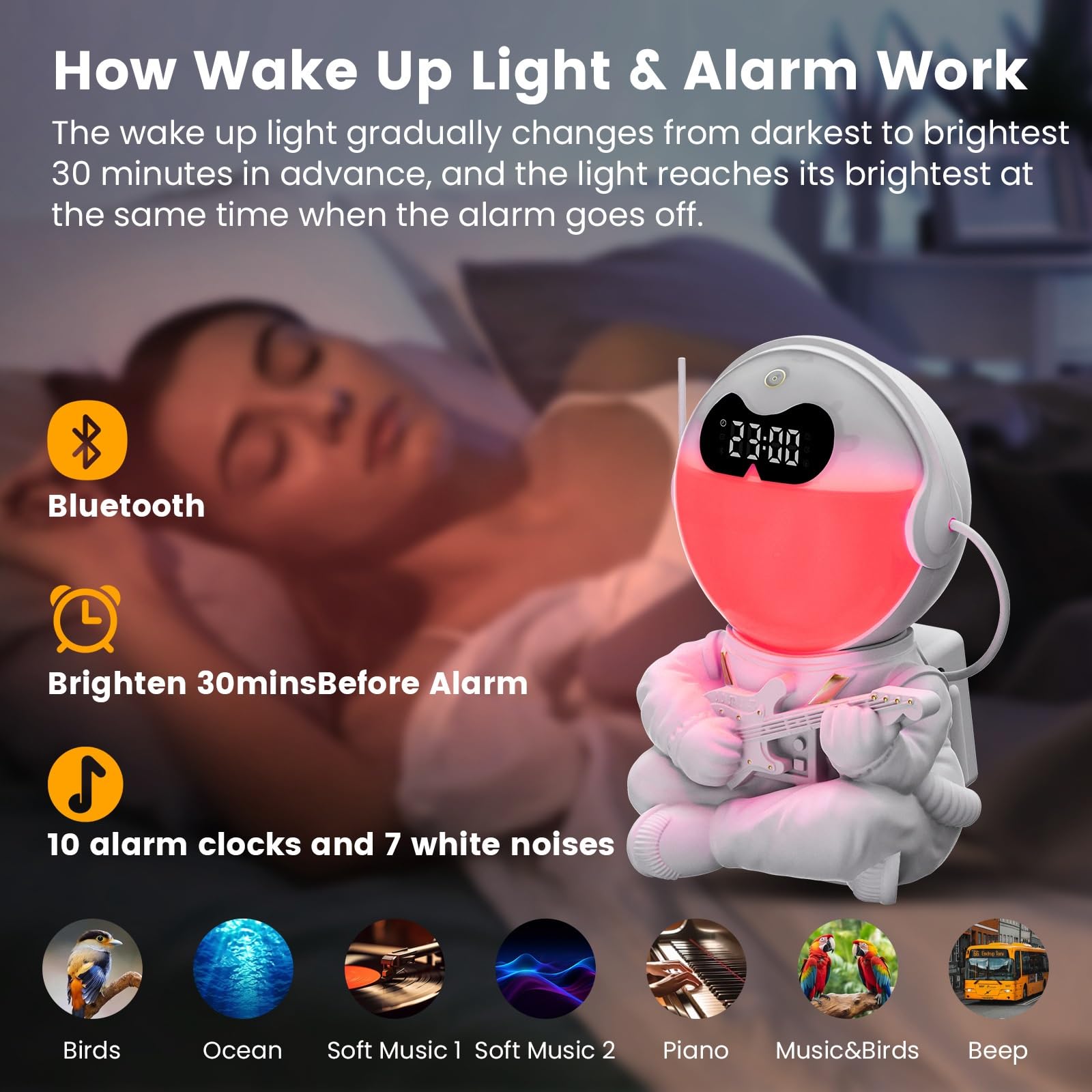 Astronaut Sunrise Wecker mit Bluetooth-Lautsprecher, Wecklicht für Das Schlafzimmer, Schlafhilfe-Nachtlicht & Dekoration, 10 Sounds & 7 Weiße Geräusche(A)