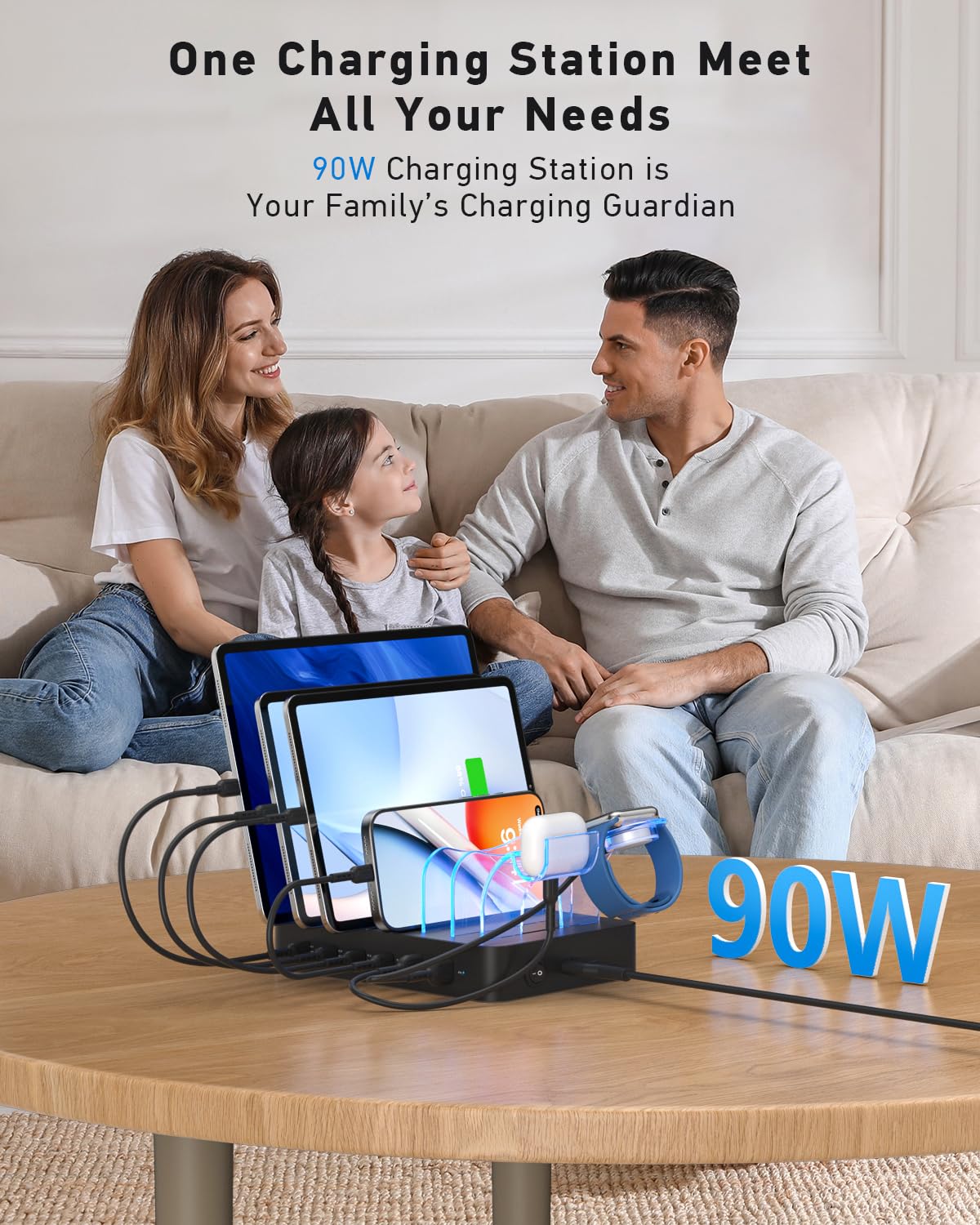 SooPii Stacja ładująca 90 W do wielu urządzeń, 6-portowa Multi USB C stacja ładująca z 6 mieszanymi krótkimi kablami, stacja ładująca PD 20 W do telefonów LPhone, Galaxy, iPad, tabletów i innych