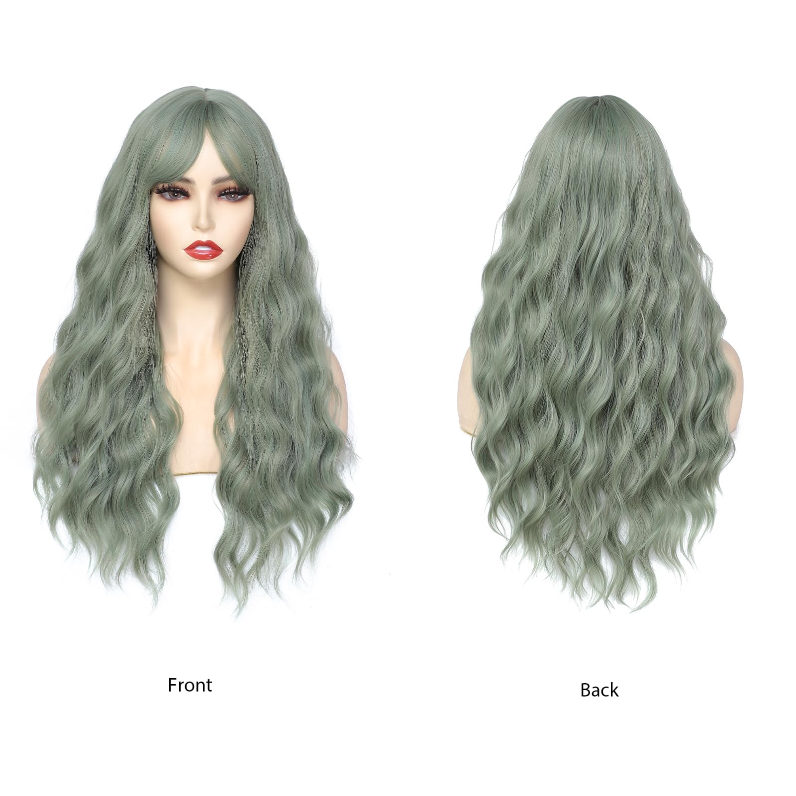 BUYOGET Long Curly Wavy Haze Green Wig with Fringe Adjustable 24 Inch Synthetic Cosplay Daily Hair Wigs for Women - Image 2
