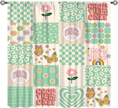 Miniatura 17 de Cortinas florales retro de los años 70, tratamiento de ventana abstracto geométrico hippie floral de mediados de siglo, cortinas con aislamiento
