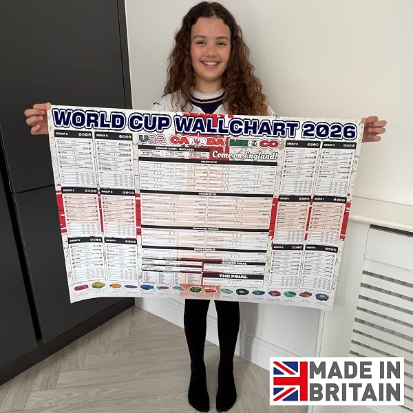 World Cup Wall Chart 2026 – England World Cup Chart - Huge A1 Football Tournament Poster Planner with Fixtures, UK Kick Off Times, TV Channels, Stadiums & Match Schedule Folded to A4 - 2