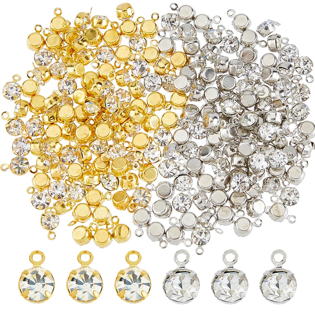 SUPERFINDINGS 200Pcs Brass Rhinestone Charms Cubic Zirconia Connector Charms Flat Round Birthstone Pendant Charm Gold Silver Plated Rhinestone Charms for DIY Earrings Necklaces