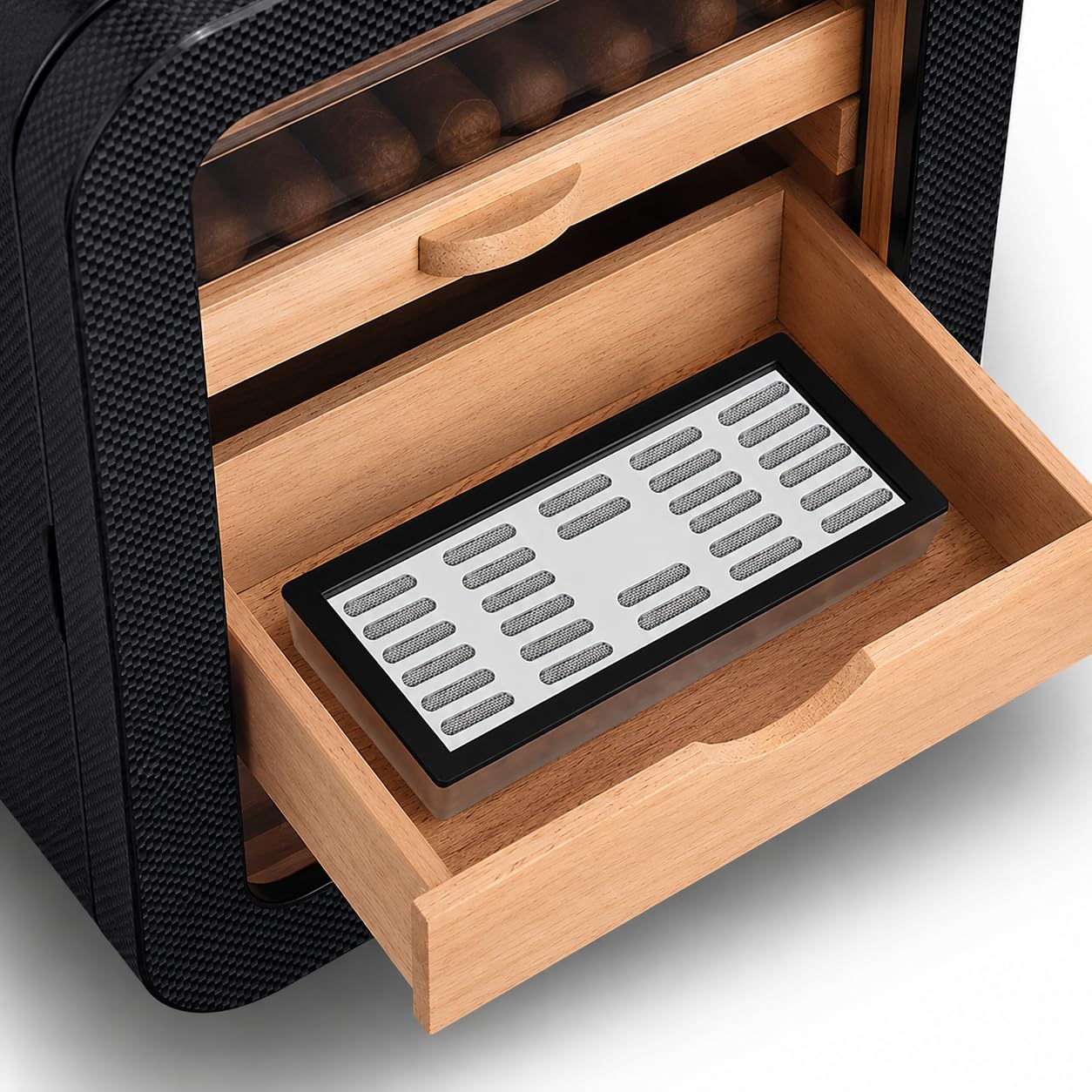 Humidificador electrónico para puros con higrómetro, humidificador, capacidad para 110 puros y circulación de aire de 360 grados (negro B)