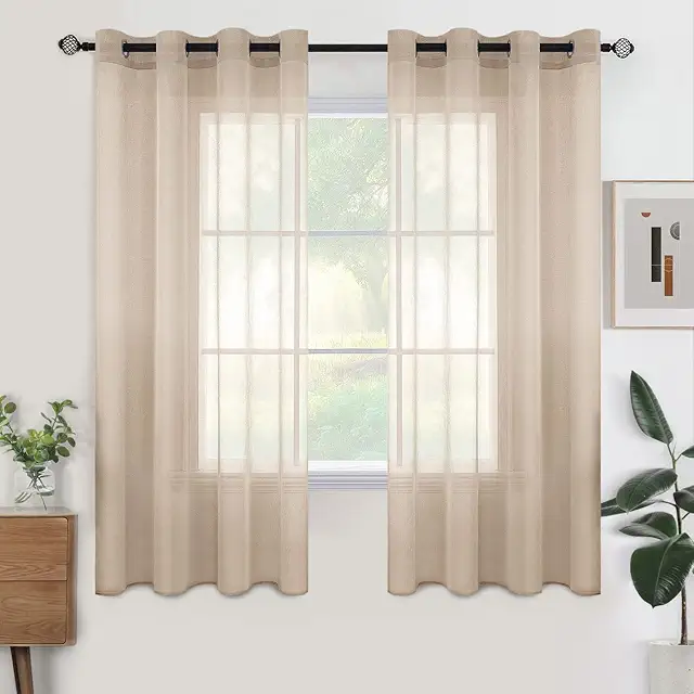 Woaboy Voile Gardinen 2er Set 140x145 cm Beige - Transparente Ösenvorhänge für Wohnzimmer