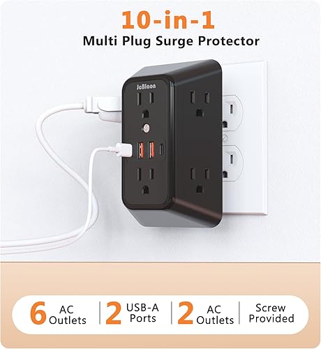 Miniatura 2 de Cargador de pared USB con protector de sobretensiones con 4 puertos USB (2 USB C), extensión de enchufe, extensión de enchufe, adaptador de enchufe